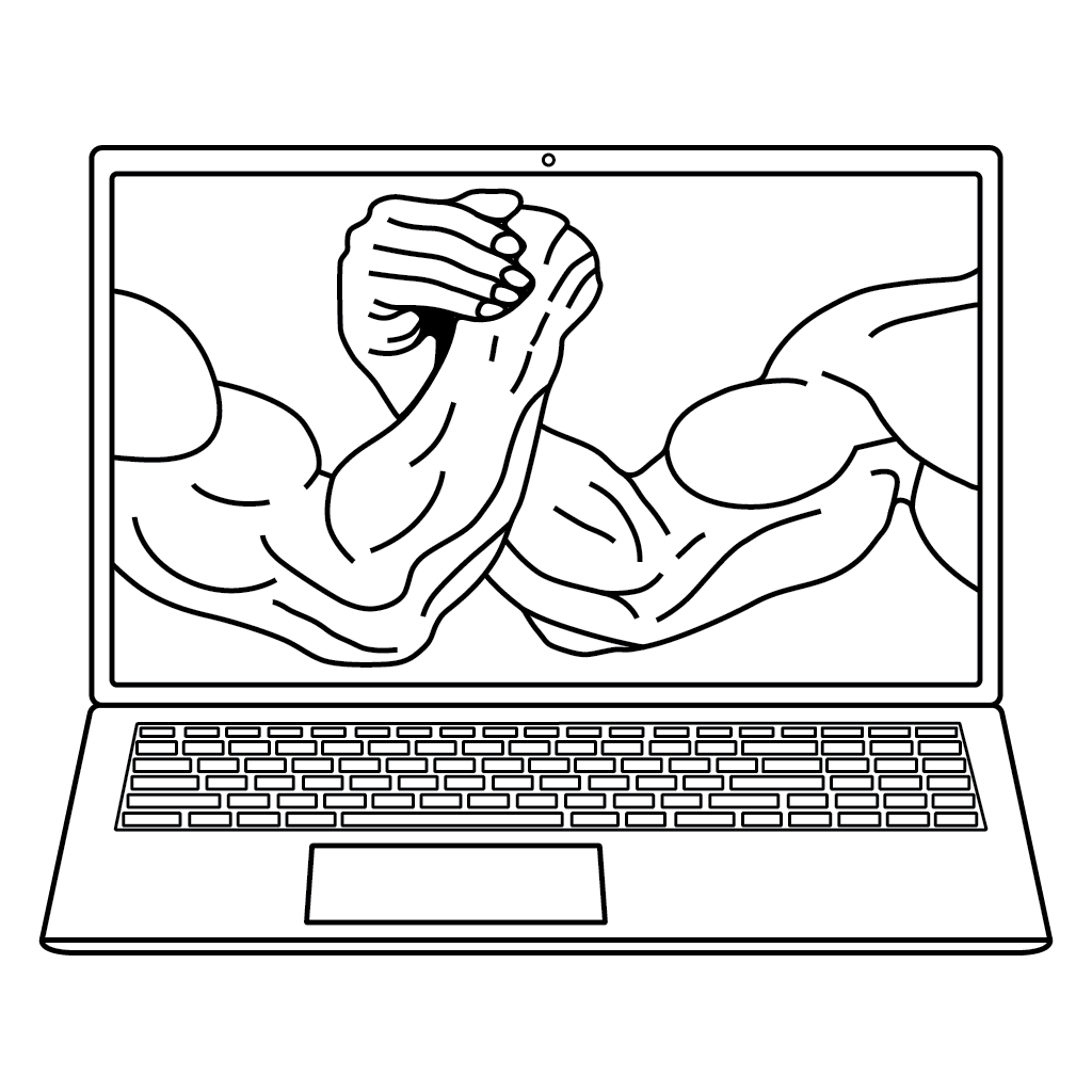 Logo of brosef IT that shows an outlined laptop with the epic handshake meme of two muscular arms shaking hands.