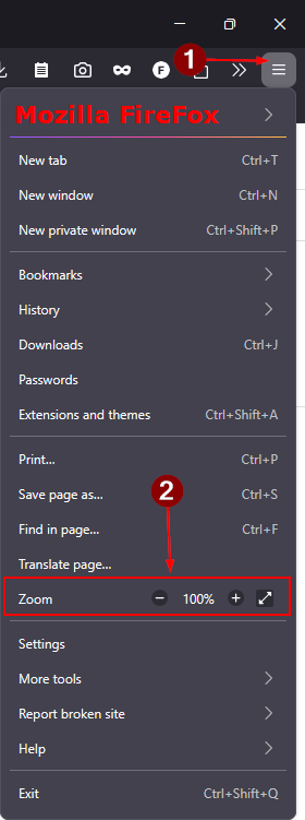Dieses Bild zeigt einen Screenshot des Menüs von Mozilla Firefox mit Markierungen, wo das Menü zu finden ist und bei geöffnetem Menü auch wo der Zoom zu finden ist.
