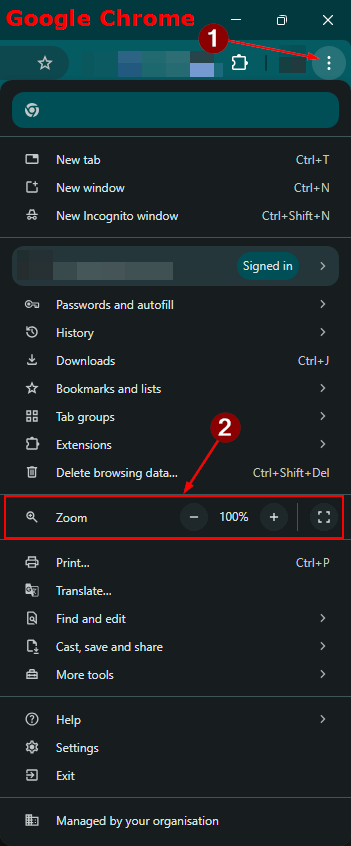 Dieses Bild zeigt einen Screenshot des Menüs von Google Chrome mit Markierungen, wo das Menü zu finden ist und bei geöffnetem Menü auch wo der Zoom zu finden ist.